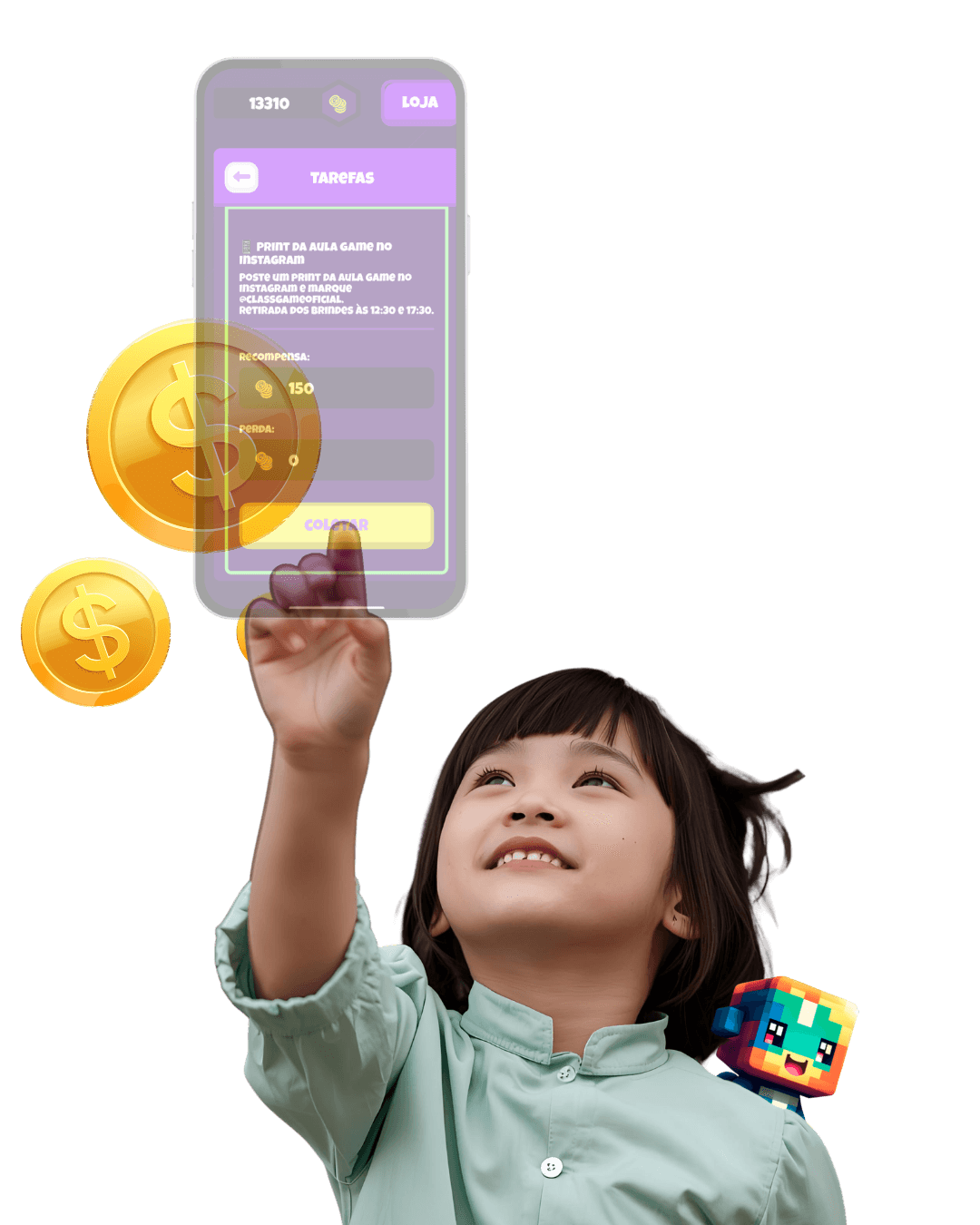 Aluna usando o aplicativo de moedas ClassGame